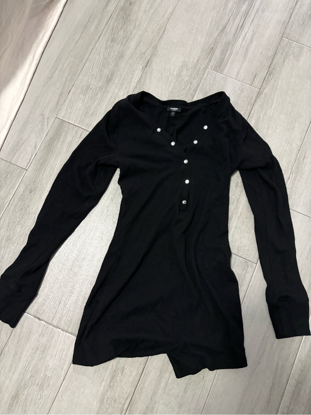 Express Black Ribbed Long-Sleeve Henley Top with Pearl Buttons